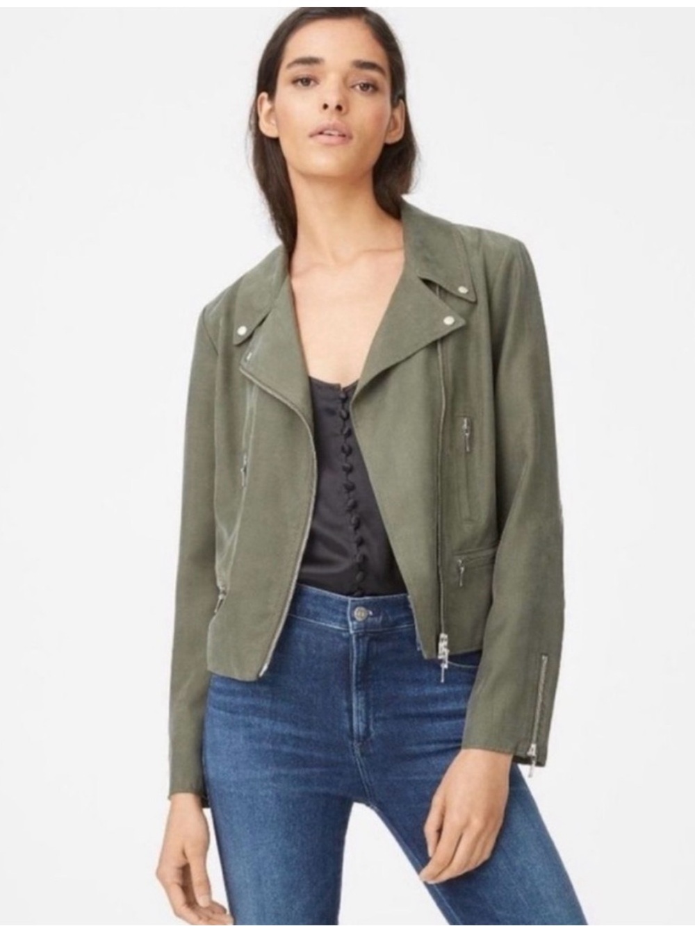 Club Monaco Olive Green Suede Moto Jacket